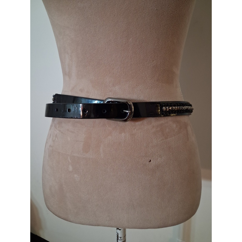 White House Black Market Womens Black Beaded Patent Leather Skinny Belt S/M